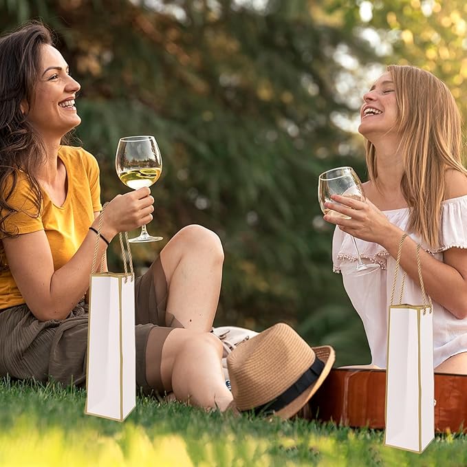 Wine Gift Bags 2 PCS Luxury Wine Bottle Gift Bags, 4"X4"X13.8" Reusable Liquor Bags with Gold Foil Print, Gold Foil White Wine Bags for Party Wedding Party Anniversary Champagne Wine Bags with Handles