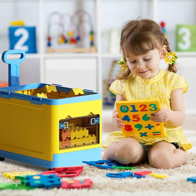 Collapsible Kids Storage Box with Building Base for Lego Toy Organizer Bins with Lids and Wheels Stackable Toys Chest Containers Building Block Bricks Storage Case for Children