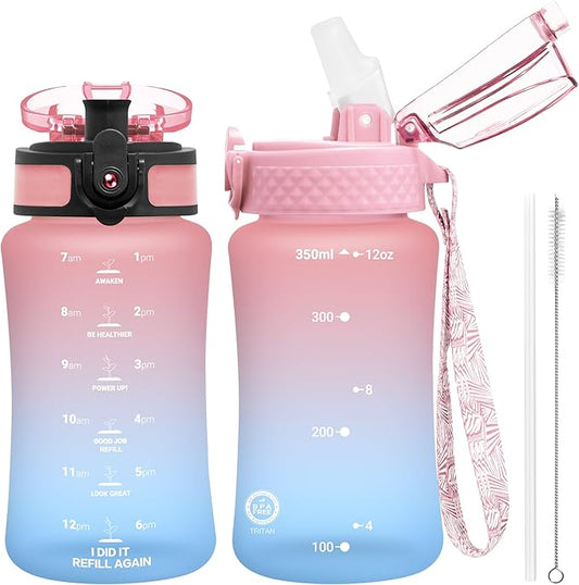 OLDLEY Kids Water Bottle for School, 12 oz (2 lids) BPA-Free Reusable Leak-proof Durable Tritan Plastic Bottles with Straw & Chug Lids, Anti-dust Spout Cover (Pink Blue)