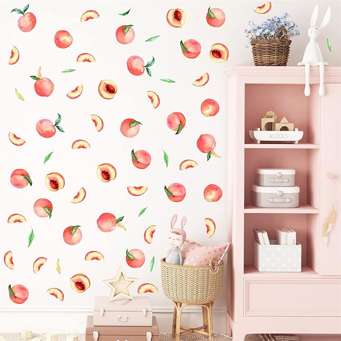 Peach Wall Decals Fruit Wall Stickers Peel and Stick Boho Wall Decals Fruit Leaf Wall Decals Kitchen Wall Stickers Cute Fruit Wall Decals for Nursery Bedroom Kids Room Kitchen Decor