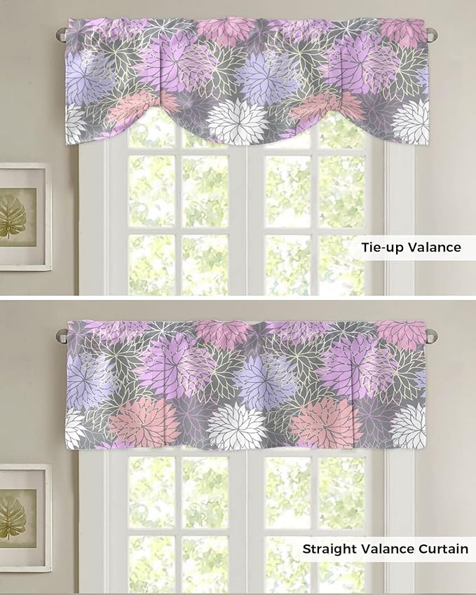 Tie Up Valance for Kitchen Living Room Farmhouse - Chrysanthemum Pink Purple Flower Rod Pocket Adjustable Tie-up Shade Valance for Small Window, Window Valance Balloon Drape for Bathroom 60x18 inches