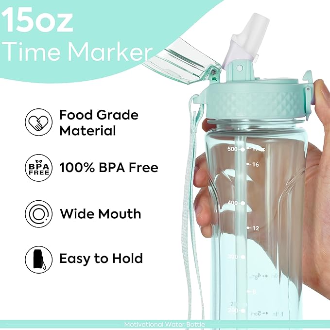 OLDLEY Kids Water Bottle with Straw 15 oz BPA-Free Leak-Proof Motivational Water Bottles with Time Marker for School Sports Travel Gym, Easy to Use for Girls Goys, 1 Straw Lid, Transparent-green