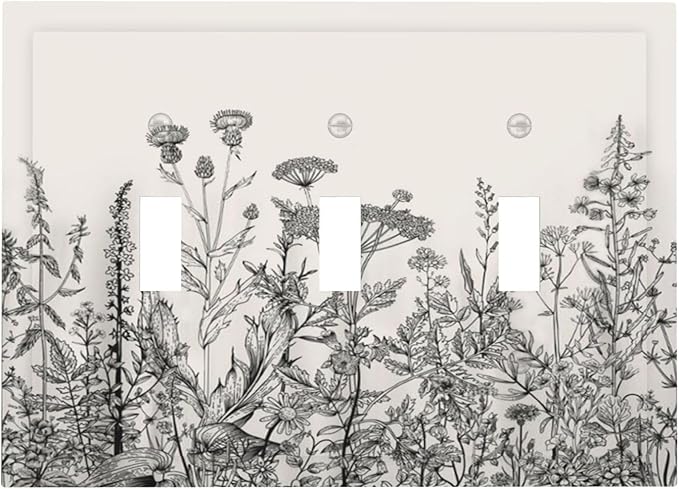 Vintage Grey Floral Herbs Wild Flowers Botanical 3 Gang Boho Light Switch Covers Decorative Country Unique Triple Toggle Wall Plate Electrical Faceplate Switchplate for Bathroom Bedroom