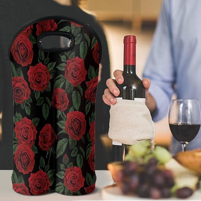 doginthehole 2 Bottles Red Rose Wine Bag Sleeve Neoprene Protective Wine Carrier Bag for Wine,Water, Champagne, Beer Insulated Wine Tote Water Bottle Holder for Travel with Carry Handle