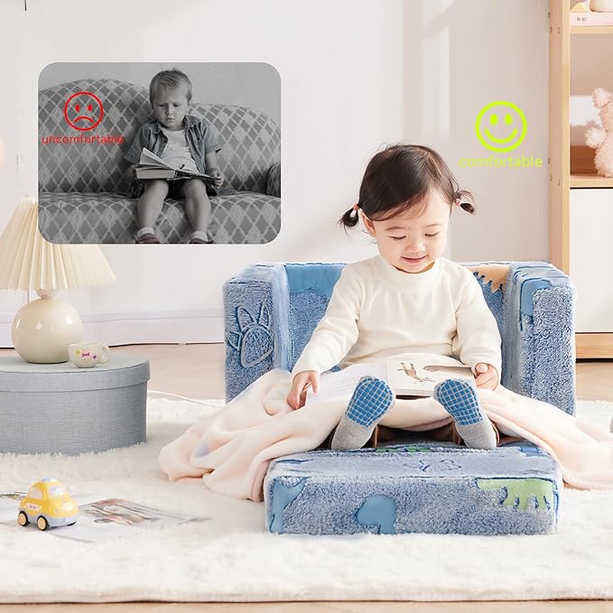 Toddler Chair, Toddler Couch, Kids Couch, Kids Sofa Chair 2 in 1, Comfy Toddler Chair Folding Out for Boys, Girls, Glow in The Dark Extra Soft Open Couch for Playroom, Gifts for Kids, Dinosaur