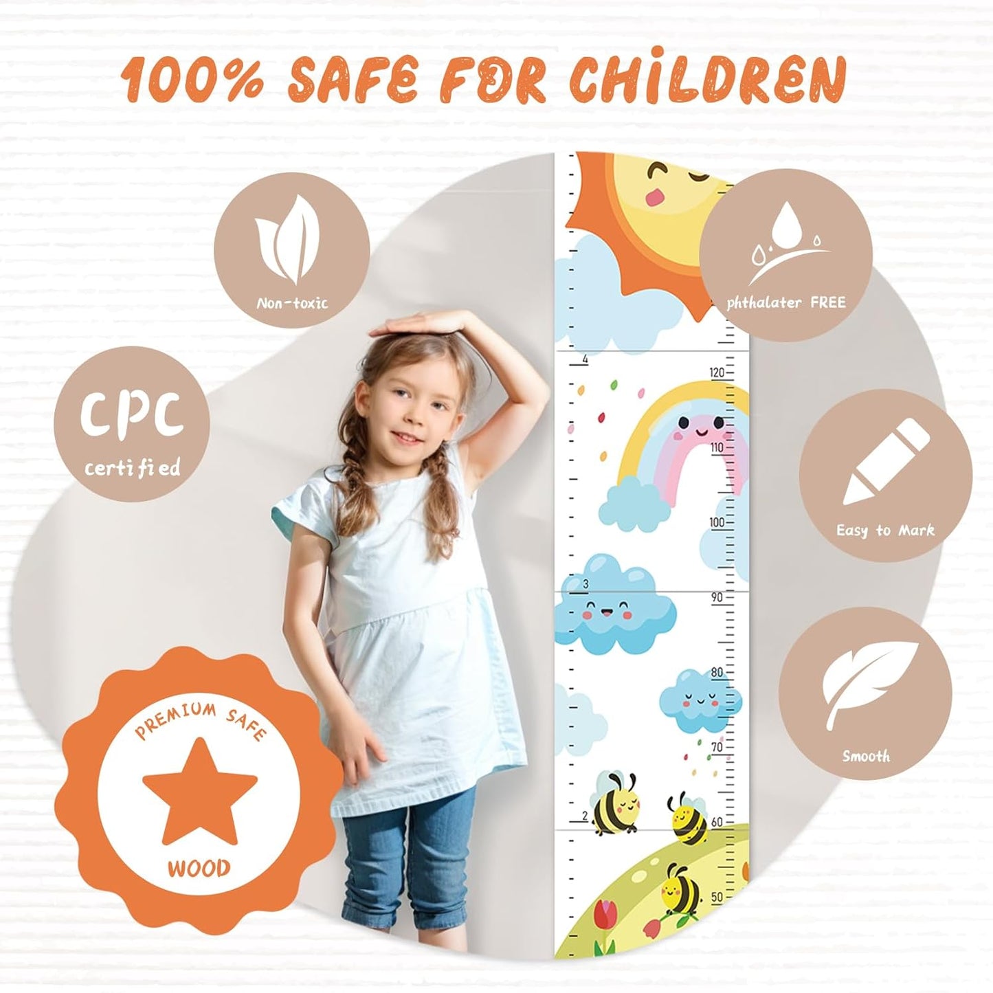 Personalized Name Growth Chart for Wall, Sun Rainbow Height Chart for Kids, No-Drill Growth Chart for Wall, Perfect as Kids Room Decor & Thoughtful Birthday Gift for Boys and Girls