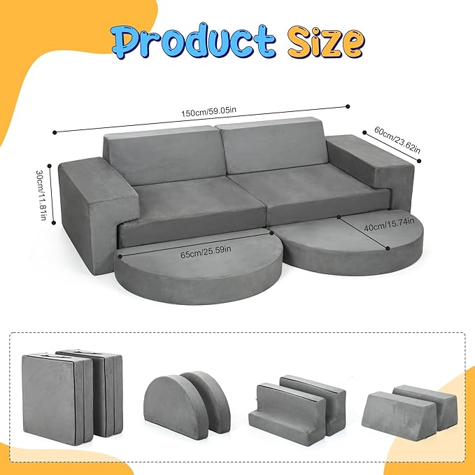 MMBABY 10 pcs Modular Kids Play Couch, Child Sectional Sofa, Fortplay Bedroom and Playroom Furniture for Toddlers, Convertible Foam and Floor Cushion for Boys and Girls