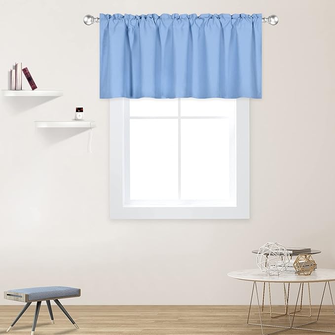 Sky Blue Valance for Windows 52x18 Inch Solid Thermal Insulated Blackout Rod Pocket Kitchen Short Curtain Toppers Valance for Bathroom Living Room, Light Baby Blue