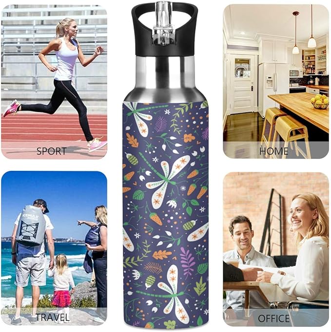 Blueangle Berries and Dragonflies Sports Water Bottle 22 OZ BPA Free Leakproof Water Bottle for Fitness Gym Camping Outdoor Sports