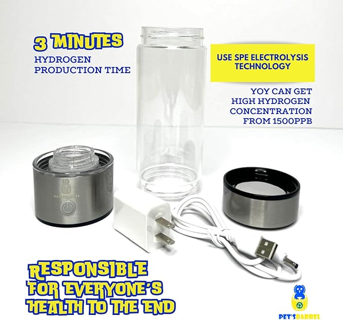PET'SBARREL Hydrogen Water Bottle - Rapid 3-min Electrolysis Hydro Water Ionizer. Hydro water bottle. Water hydrogenator. Hydrohealth water bottle. Healthy hydration hydrogen water bottle generator