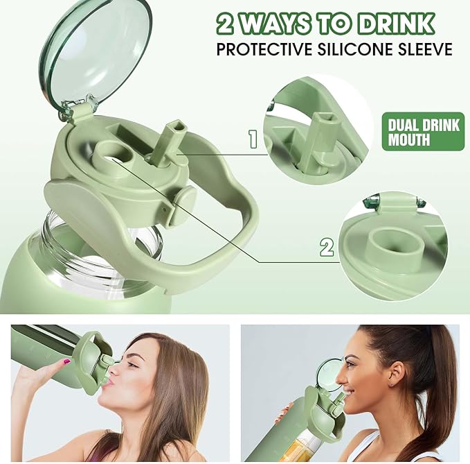 Glass Water Bottles 64 oz - Large Half Gallon Motivational Water Bottle with Time Marker Straw Phone Holder Handle, 64oz Daily Water Intake Jug with Silicone Sleeve for Office Work Gym Aqua