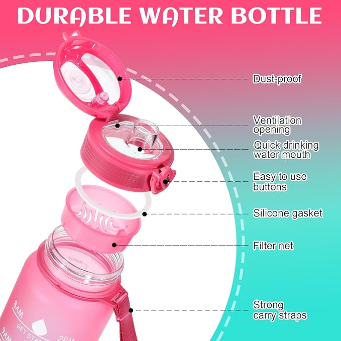 Water Bottle 32 oz, Motivational Sports Water Bottles Tritan BPA Free Water Bottle No Straw With Time Marker, Wide Mouth Leakproof Water Bottle with Strap for Gym Fitness Hiking Bike Camping - Pink
