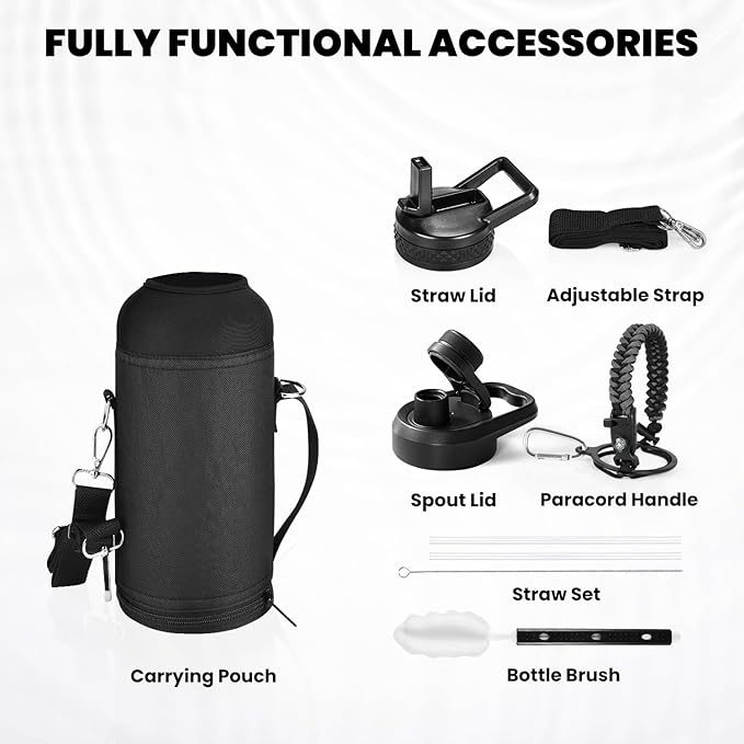 Insulated Water Bottle 40 oz, Triple Wall Vacuum Stainless Steel (Cold for 48 Hrs), Leak Proof & Non-BPA, Modern Water Flask Jug with Paracord Handle & Straw Spout Lids, Dark Grey