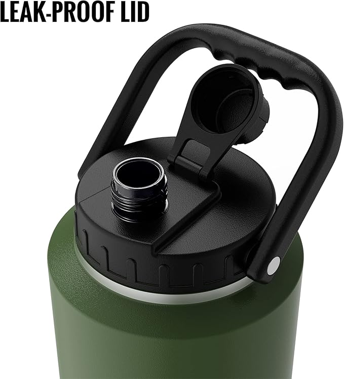 SkyWell Half Gallon Insulated Water Bottle with Handle and Wide Mouth Water Flask Sweat-Proof and Leak-Proof 64 Oz Water Jug for Outdoors, Olive