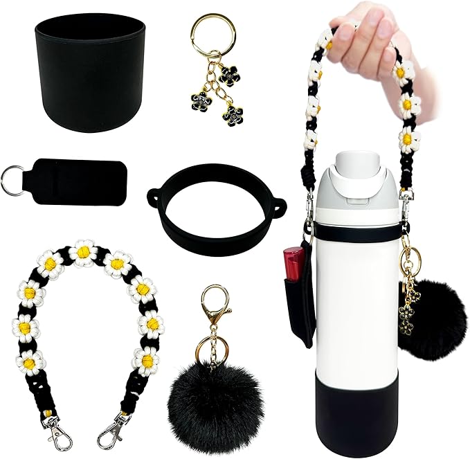 Water Bottle Accessories Set Compatible with Owala 24oz 32oz Including Water Bottle Handle Strap, Water Bottle Boot, Lipstick Bag, Pompom Ball, Daisy Key-chain, Compatible with Owala FreeSip.