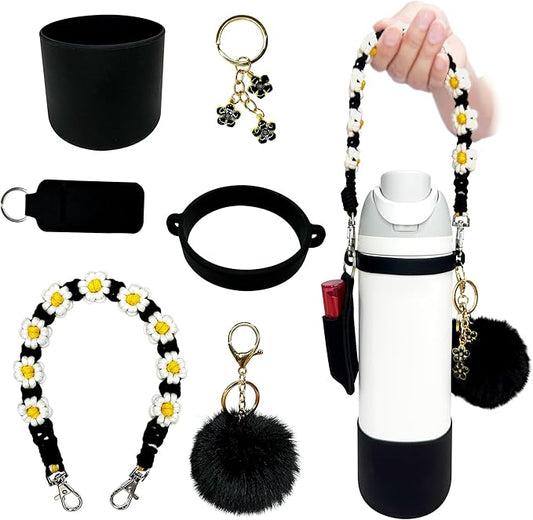 Water Bottle Accessories Set Compatible with Owala 24oz 32oz Including Water Bottle Handle Strap, Water Bottle Boot, Lipstick Bag, Pompom Ball, Daisy Key-chain, Compatible with Owala FreeSip.