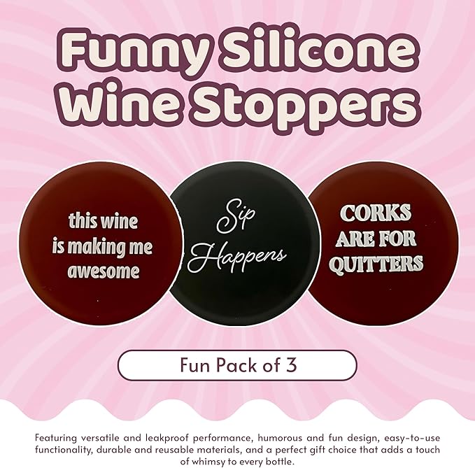 Funny Silicone Wine Stoppers - Leakproof Double Seal Design - Reusable Bottle Covers - Glass Bottle Toppers - Easy to Use Silicone Bottle Stopper for Wine, Champagne & More (Pack of 3)