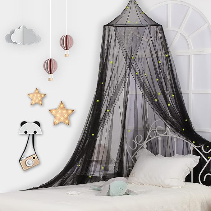 South to East Bed Canopy with Glowing Stars in The Dark, Black Bed Curtains for Kids Bed & Toddler Bed, Twin, Full & Queen Bed, Mosquito Net Canopy for Adult Bedoom, Easy to Install