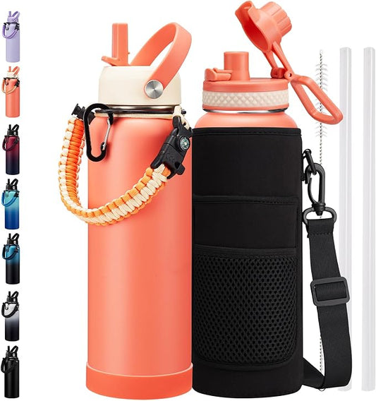 40oz 64oz Water Bottle with Straw - Spout Lid, Paracord Handle, Keep Cold 48H Hot 24H, Travel Water Flask with Strap Carrying Pouch for Hiking Work Sports, 40oz Stainless Steel Water bottle