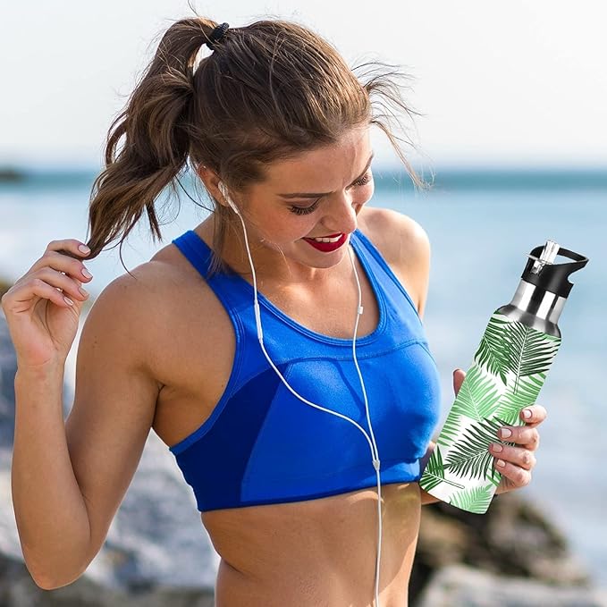 Qilmy Black and White Leopard Water Bottle Vacuum Insulated Stainless Steel Water Bottles with Straw Lid Leakproof Wide Mouth Water Flask for Fitness Outdoor Sports, 20 oz