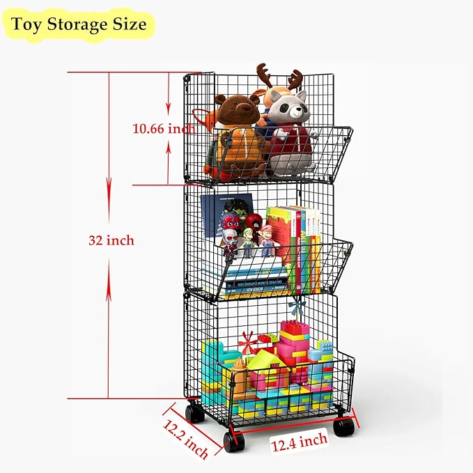 Sonyabecca Toy Organizer Basket Shelf with Wheel, S-Hooks, Rolling Cart Hanging Storage Baskets for Child Room, Playroom, Bedroom, Kitchen (Black)