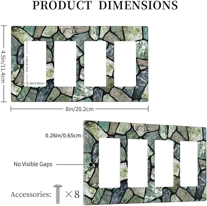 Green Stone Texture Quad Rocker Light Switch Wall Plate Cover Decorative 4-Gang for Outlet Room Bathroom Bedroom Home Kitchen Four Decora Receptacle Polycarbonate Power Gear 4.5" x 8"