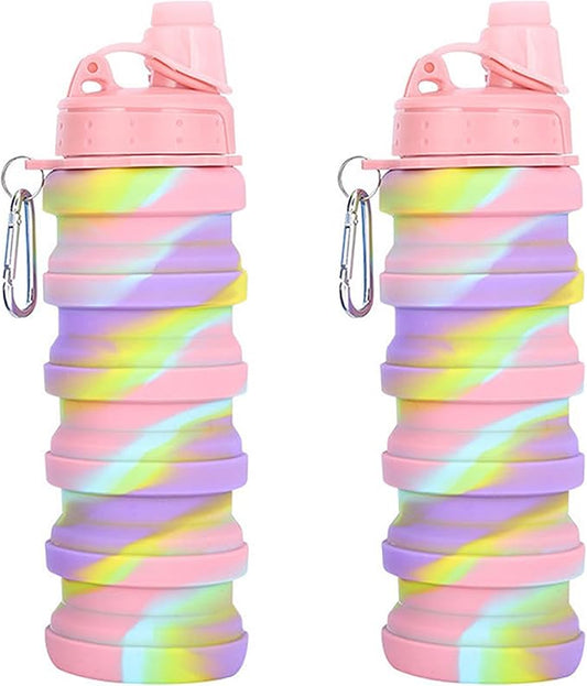 Collapsible Water Bottles Two Pack Travel Sports Portable Sport Water Bottle comes with mountaineering Buckle 500ml silicone Water-proof camping water bottle (Pink camouflage+Pink camouflage)