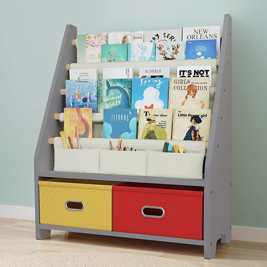 4 Tier Kids Book Shelf, Wooden Kids Book Rack, Grey Kids Bookshelf with Toy Storage Organizer, Toddler Sling Bookshelf for Boys, Girls, Kids Room, Red/Yellow
