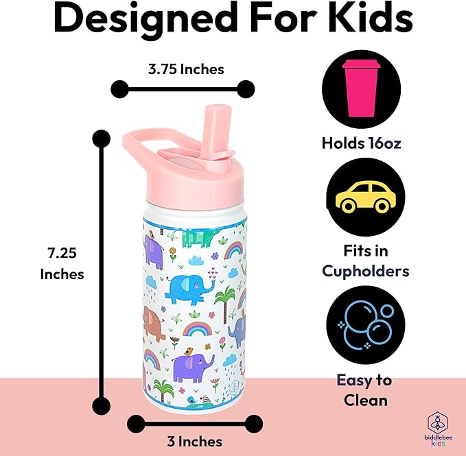 Biddlebee Kids Water Bottle with Straw Lid | 14oz Insulated Stainless Steel Reusable Bottles for School | Leak Proof Cap with Handle & Touch Free Spout | Great for Boys & Girls (Elephants)