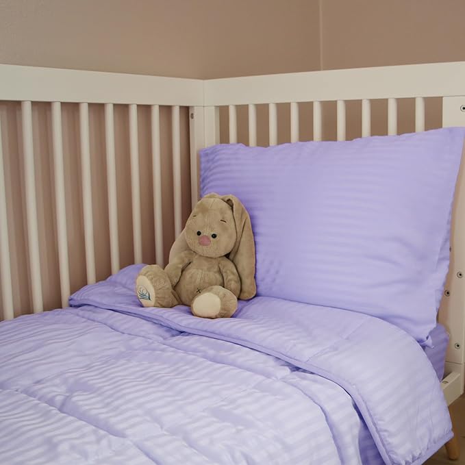 Toddler Bedding Set - 4 Piece Soft Crib Bedding Set for Girls, Includes Toddler Comforter, Flat Sheet, Fitted Sheet and Pillowcase, Purple Stripe