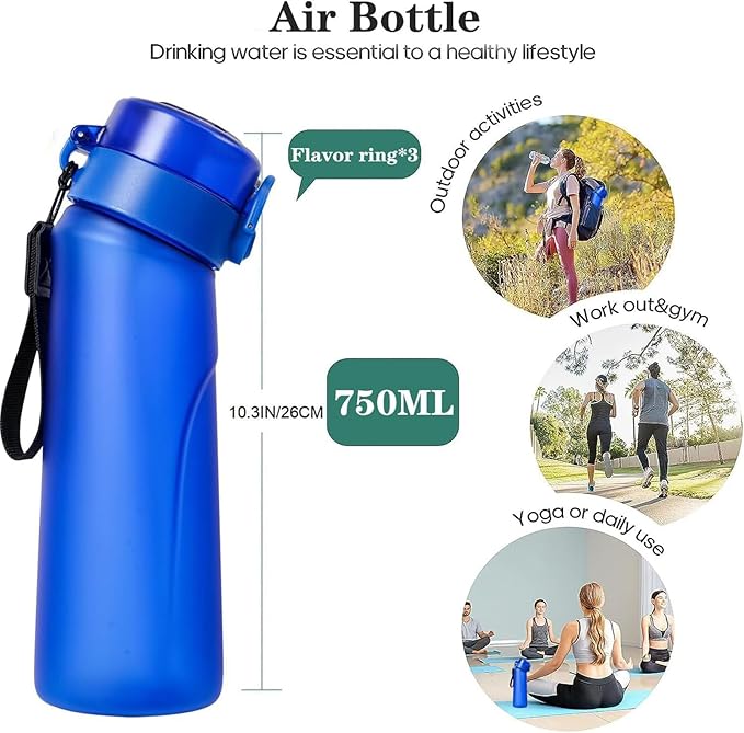 Air Water Bottle,750ML Scent Water Cup with 3 Flavour Pods,Leak Proof Sports Water Cup with Straw Suitable for Outdoor Sports,Gifts From Friends, Birthday Gifts (New Blue + 3pods)