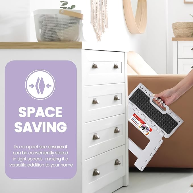 ACSTEP 9 Inch Folding Step Stool 300 LB Capacity Non Slip Foot Stool with Handle Plastic Foldable Step Stools for Kids Stepping Stool for Bathroom Black Small Step Stool (1 PC White)