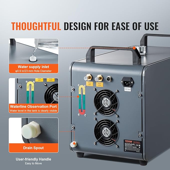 VEVOR Industrial Water Chiller, KH-6000, 200W Industrial Water Cooler Cooling System with Compressor 12 L Water Tank Capacity 7.8 L/min Max Flow Rate, for CO2 Laser Engraving Machine Cooling Machine