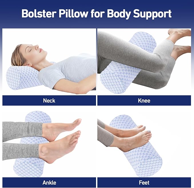 Neck Roll Pillow with Cooling Pillowcase - 16 x 6.3 Inch Round Neck Pillow for Sleeping - Memory Foam Bolster Pillow for Legs, Cylinder Pillows for Cervical, Back, Lumbar (Cool Blue)