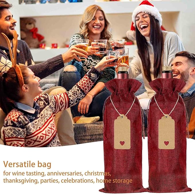 HOMUM 12 Pcs Premium Burlap Wine Bags, Wine Gift Bags with Drawstrings - Reusable Wine Bags, Wine Bottle Bags for Weddings, Parties, Blind Tastings, Christmas, Birthdays, Housewarming, Home Storage (Red)