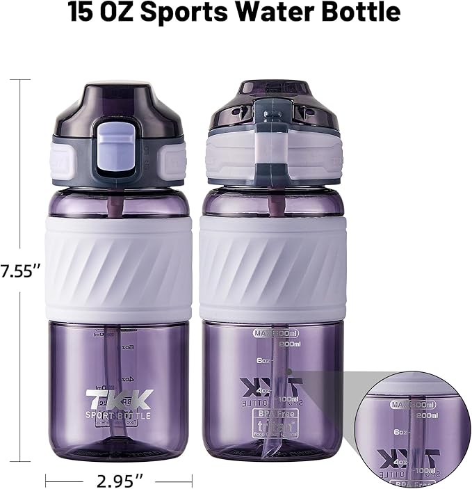 TKK 15oz Sports Water Bottles with Removable Straw Durable BPA Free Tritan Bottles Leak-Proof Water Bottles for School, Fitness, Gym, Outdoor, Purple