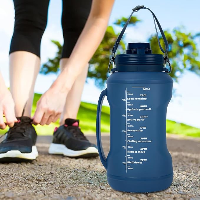 Collapsible 64oz Water Bottle with Handle & Straw - Spill-Proof Foldable Silicone Bottle for Men/Women (Blue, 2L)