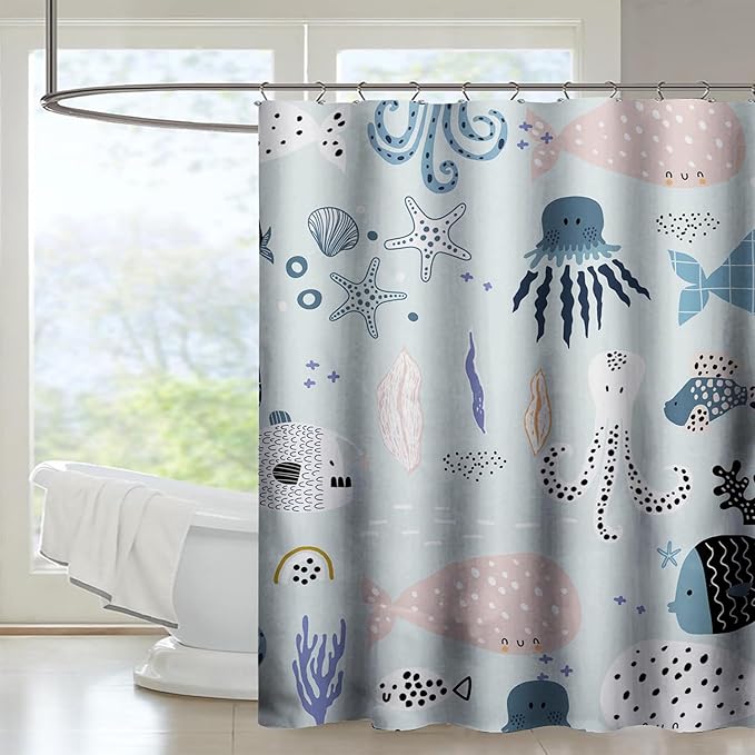 AILONEN Cartoon Ocean Life Shower Curtain for Kids 72" W*84" H Inch,Kawaii Fish Whales Octopuses Pattern Shower Curtain,Ocean Life Theme 12 Pack Hooks Polyester Waterproof Fabric Decor for Bathroom