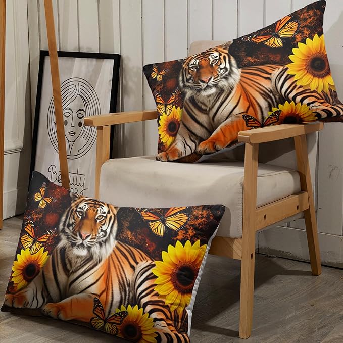 AILONEN Tiger Fitted Sheet Set Twin Size, Vintage Retro Boho Bed Sheet Set Sunflower Butterfly Sheet Set,3 Pieces Printed Teen Boys Tiger Fitted Sheet with 2 Pillowcases