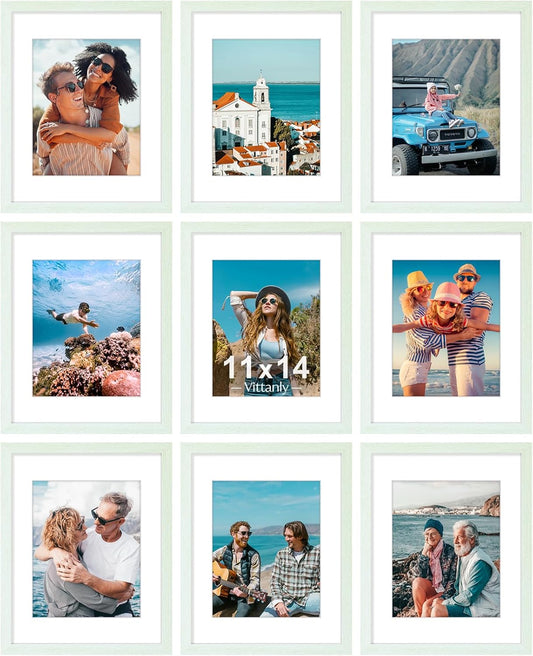 Vittanly 11x14 Picture Frames Set of 9, Shatter Resistant Plexiglass, Display 8x10 Pictures with Mat or 11x14 without Mat, Photo Frames for Wall or Tabletop, Engineered Wood, Vintage Green