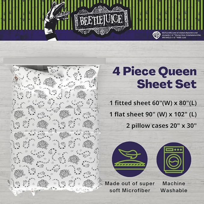 Franco Collectibles Beetlejuice Bedding Super Soft Microfiber Queen Sheet Set, College Dorm Essentials, (Officially Licensed Product)