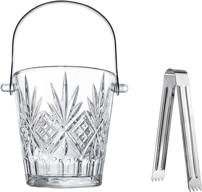 Clear Glass Ice Bucket with Ice Tong and Handle Crystal Ice Cube Busket Cocktail Bar Champagne Bucket for Parties Wine Accessory