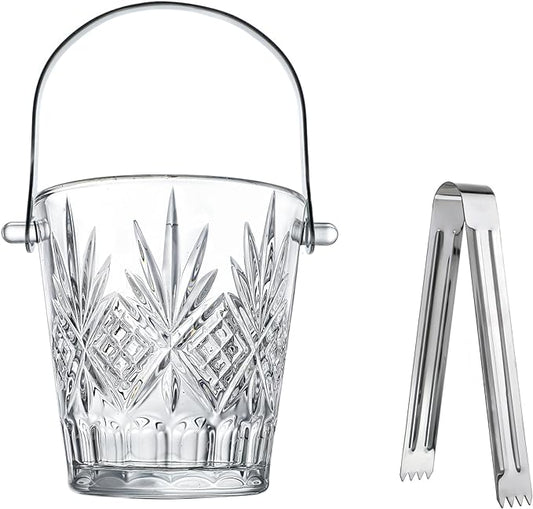 Clear Glass Ice Bucket with Ice Tong and Handle Crystal Ice Cube Busket Cocktail Bar Champagne Bucket for Parties Wine Accessory