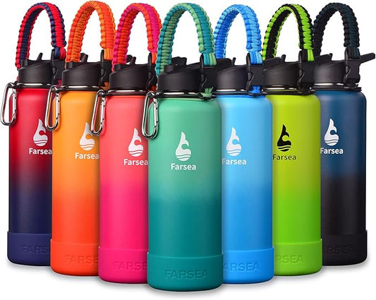 Farsea Insulated Water Bottle With Paracord Handle, Protective Silicone Boot and 2 Lids (Straw Lid & Spout Lid), Stainless Steel Water Bottle Wide Mouth, Double Wall Sweat-Proof BPA-Free, 40 oz