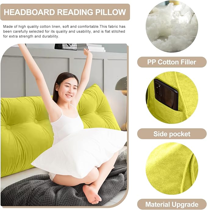 Large Triangular Headboard Pillows Long Backrest Positioning Support Bolster Cushion for Daybed Fluffy Quality Plush Body Wedge Pillow with Removable Cover(Yellow Green-Full-54x8x20in)