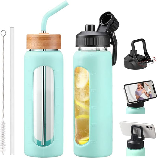 Glass Water Bottles with Straw -24oz- Water Bottle Phone Holder for Gym Sports Water Bottles with Silicone Sleeve Glass Drinking Bottles 2 Lids - Spout & Bamboo Straw Lid(Mint Green)