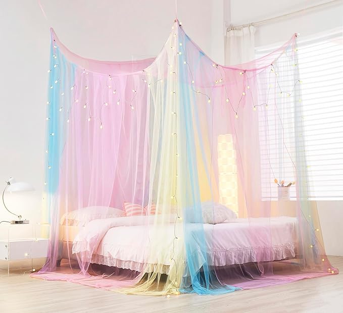 Mengersi Rainbow Bed Canopy with Lights,Bed Netting Canopy for Bed Square Canopy Bed Curtains Canopy - Suggested for Full to King Size Bed,Blue