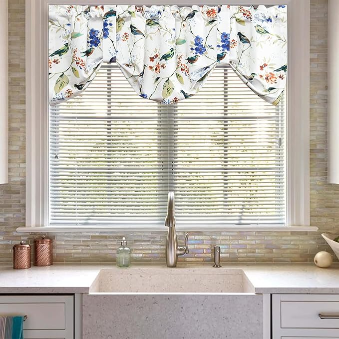 Leeva Kitchen Valance Tie Up Small Curtains and Valance for Dining Room, Delicate Tie-up Birds Pattern Valances for Windows, One Panel, 52 X 18 Inch, Blue