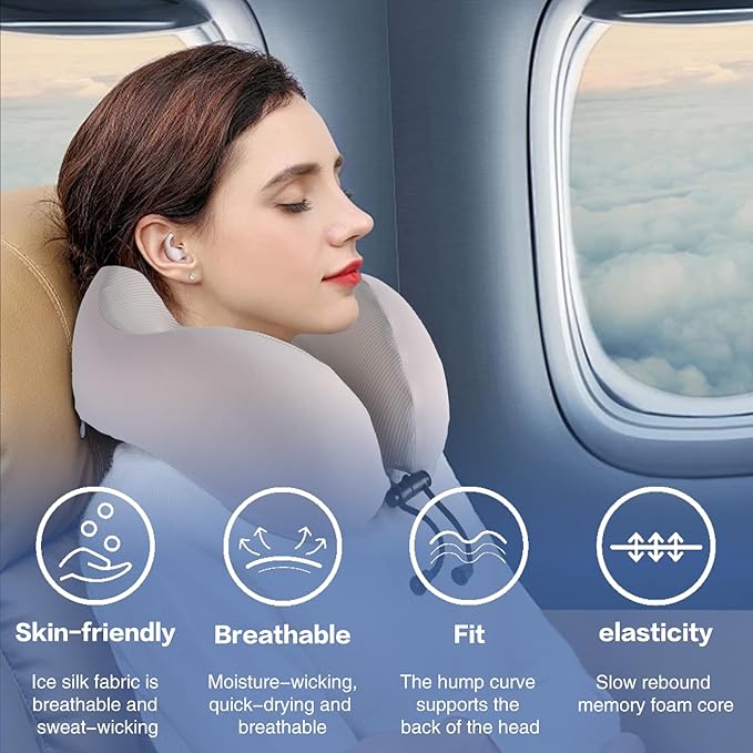 Travel Neck Pillow, Curved Ergonomic Design, Ice Silk Fabric is Comfortable and Breathable, The Pillowcase is Removable. Comes with Portable Storage Bag and Ear Plugs