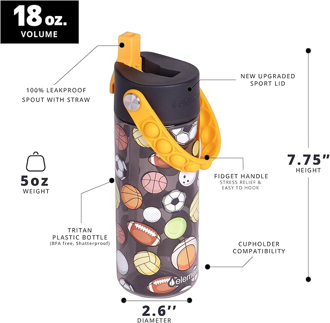 Elemental Leak Proof Water Bottles for Kids - Splash Kids Water Bottle for School with Fun Fidget Pop-it Handle - BPA Free Tritan Plastic Reusable Water Bottle with Straw - Sports Ball - 18oz
